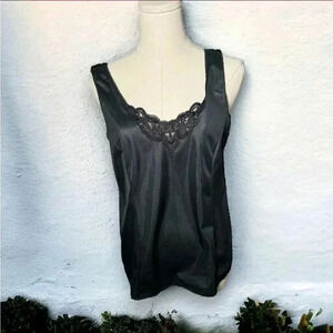 Vintage Black satin lace trim tank top 36 goth  glam